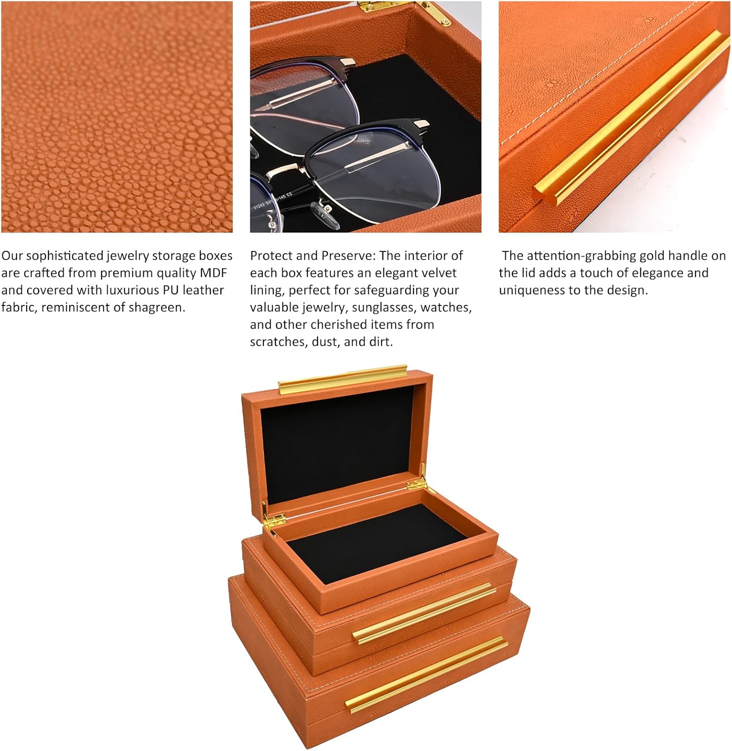 Faux Shagreen Leather Jewelry Storage Boxes Set of 3 with Gold Handles, Velvet Lined Stackable Organizer for Women, Vanity, Dresser, Gift, Burnt Orange