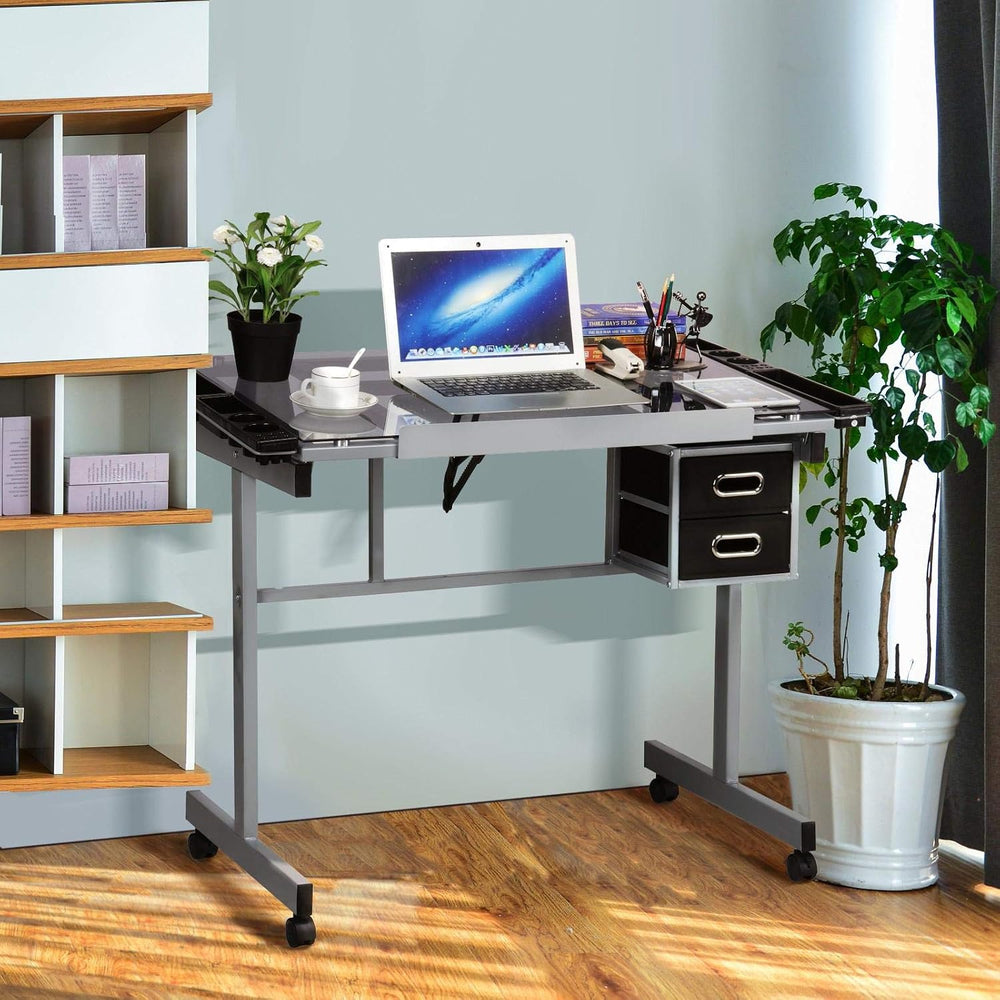 Topeakmart Glass Drafting Table Rolling Drawing Desk Artists Art Craft Desk w...