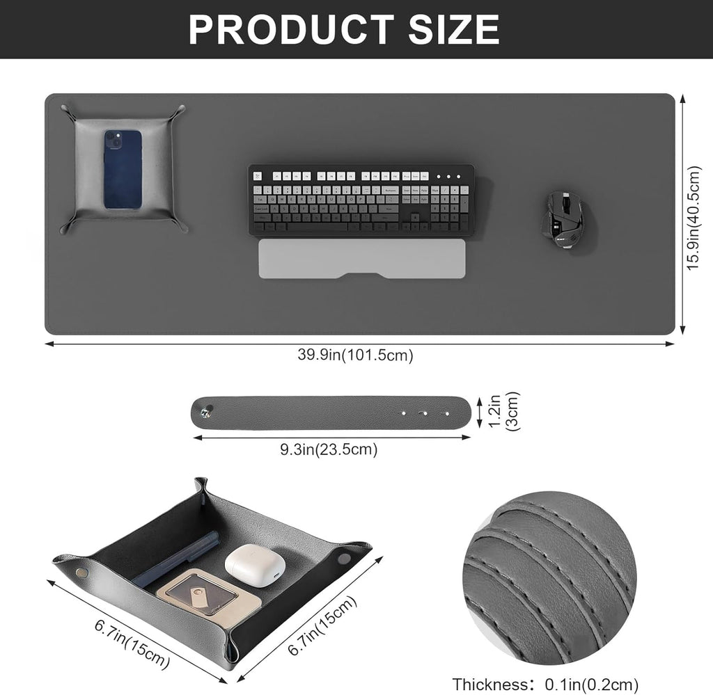 DAWNTREES Dual Sided Desk Mat,Leather Desk Pad,40"x16",Cork Desk Mat Protector,with PU Leather Valet Tray Organizer,Large Mouse Pad,Desk Writing Pad for Office and Home(Dark Gray)