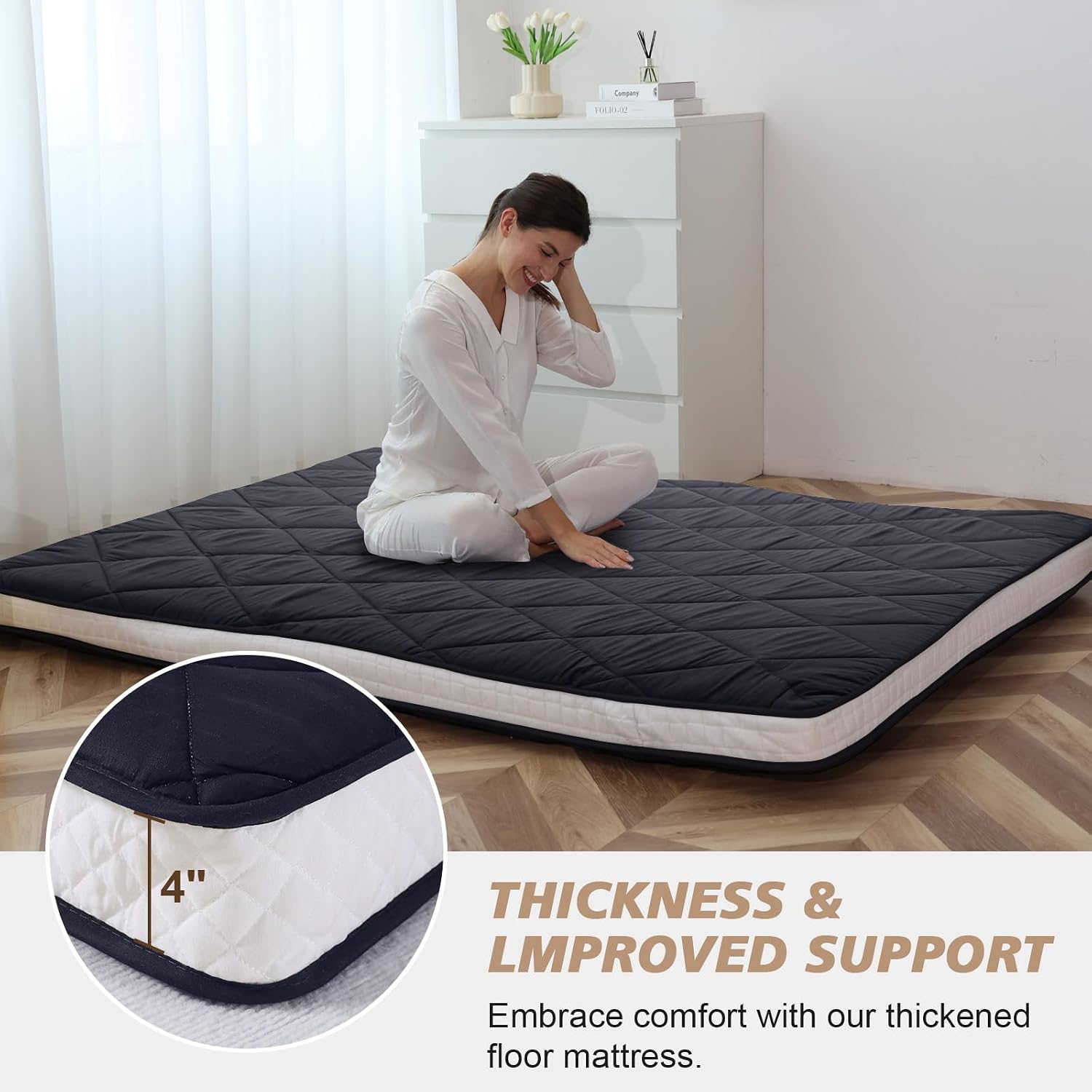Twin Size Futon Mattress -4in Extra Thick Foldable Japanese Floor Mattress - Super Soft Fuzzy Sleeping Pad for Adults - Tatami Mat Suitable for Camping & Guest & RV Mattress- Diamond Black