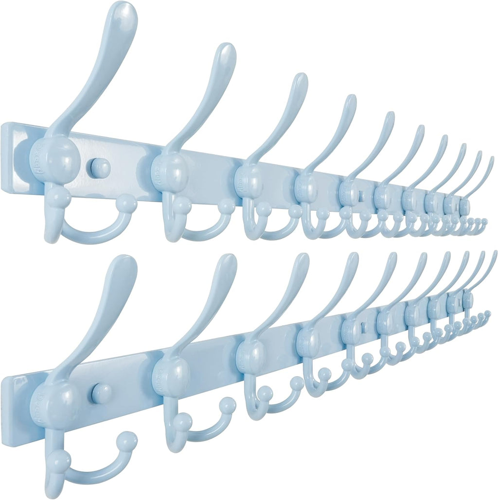 Dseap MaxStrong 2.0 Coat Rack Wall - 37” Long 10 Tri Hooks - Ultra Heavy-Duty Stainless Steel Wall Mount Coat Hanger, Hook Rail for Clothes Hats Jacket Towels Blue, Pack of 2
