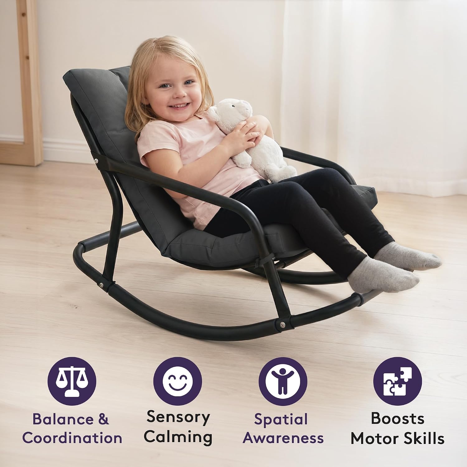 Special Supplies Sensory Tufted Rocking Chair for Kids - Comfortable Kids Rocker- Versatile Floor Chair with Soft Fabric and Stability for Playroom, Bedroom, or Nursery (Ages 3+) - Charcoal
