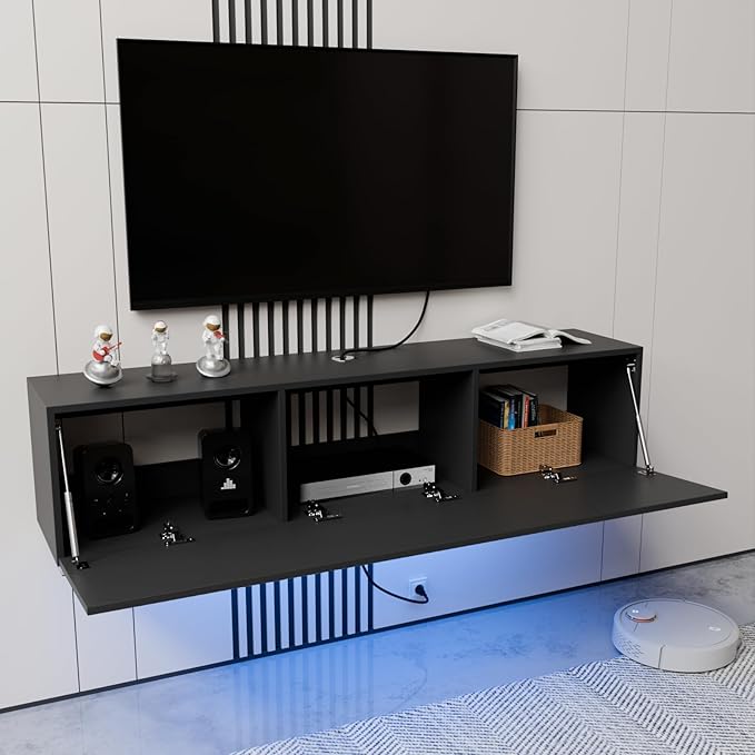 HOMMPA Floating TV Stand with LED Lights for TVs up to 65 Inch, Wall Mounted Entertainment Center with Storage, Modern High Glossy Media Console for Living Room, Bedroom, Black