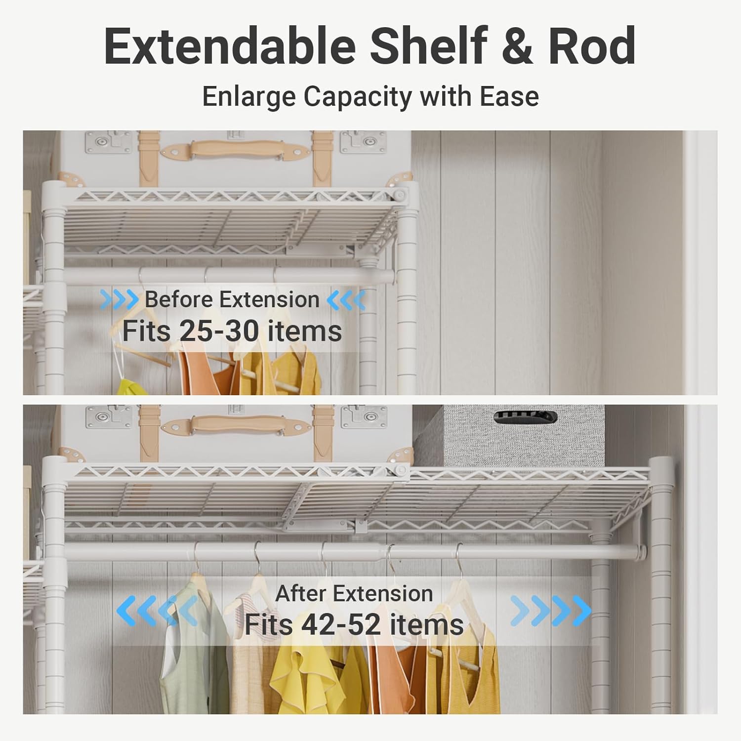 VIPEK X3 Plus Large Expandable Closet Rack Adjustable from 5'10" to 8'8" with Extendable Shelves and Hanger Rods, Freestanding Clothing Racks Modular Closet Systems Wardrobe, Max Load 1360LBS, White