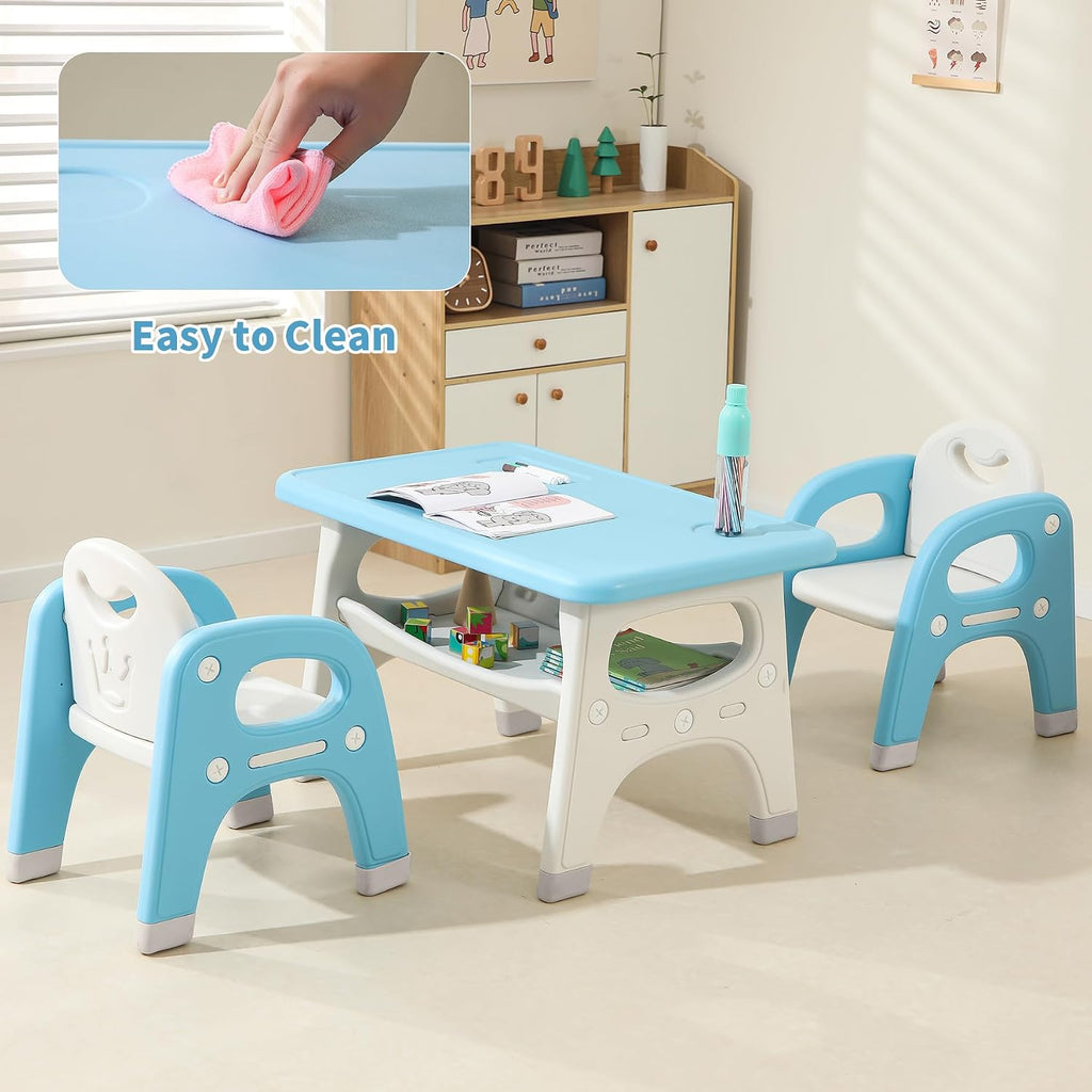 Hulaibit Kids Table and 2 Chairs Set, Toddlers Table and Chairs Set with Large Built-in Storage Shelf, Kids Activity Table for Reading, Drawing, Eating, Playing, with Anti-Slip Foot Covers, Blue