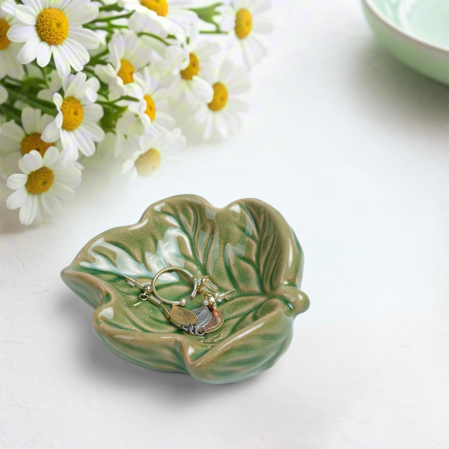 3.5' Green Cute Leave Ceramic Jewelry Tray for Dressing Table | Petite Bowl Keeps Rings, Earrings, Keys, and Keepsakes Visible on Vanities or Dressers, Making a Sweet Gift for Women