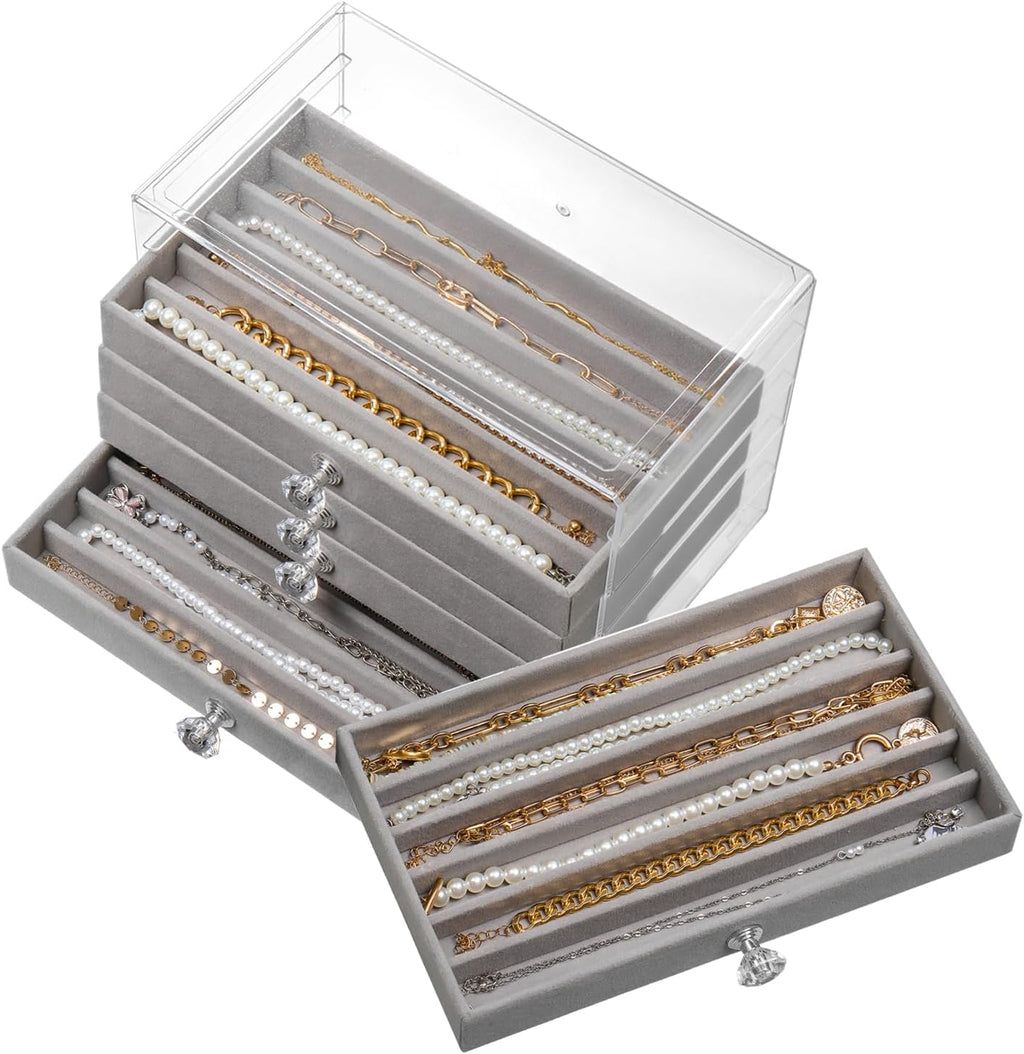 SPAKOWN Necklace Organizer Box, Velvet Necklace Box Holder Tray with Clear Lid Chains Showcase Stackable Necklace Storage for Pendant Bracelet (5 Drawers - Grey)