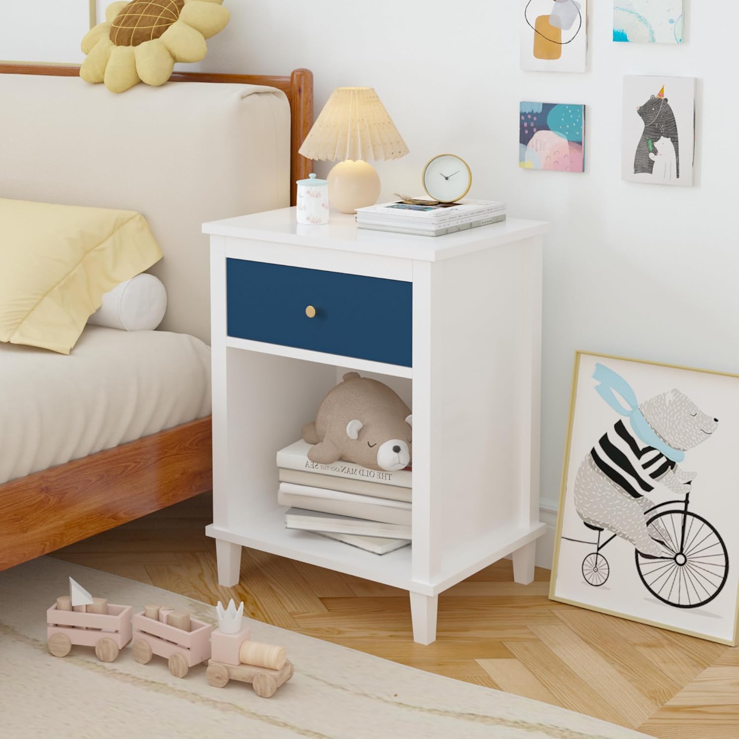Kids Nightstand with Drawer and Shelf, Wood Bedside Table, Navy Blue | Kids nightstand with drawer and open shelf keeps books, toys, and bedtime essentials organized and within easy reach.