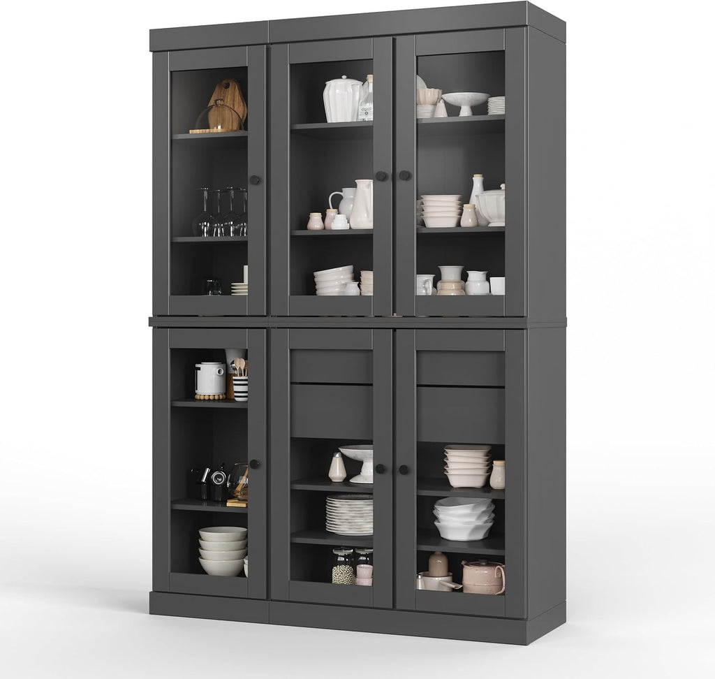 Palace Imports 100% Solid Wood 48.5" Pantry China Cabinet with Clear Glass Doors, 2-Drawers and Adjustable Shelves (Gray)