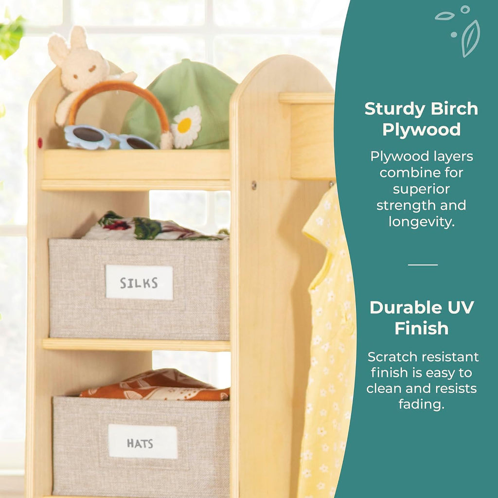 Guidecraft EdQ Dress-up Storage with Bins Natural: Kids Dress Up Rack with Mirror, Shoe Storage Shelf, and Cubbies for Costume and Pretend Play | Toddler Closet, Montessori Wood Bedroom Furniture