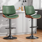 Swivel Bar Stools Set of 1, Adjustable Bentwood Barstools for Kitchen Counter, Modern PU Leather Upholstered Bar Chair with Back and Footrest, for Kitchen Island, Bar, Dining Room, Green