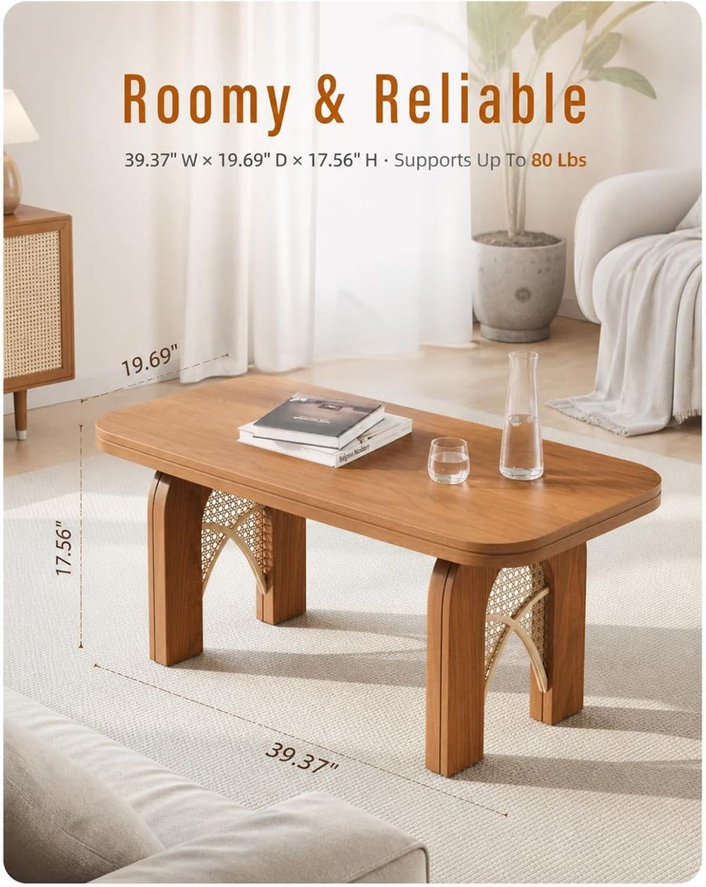 Boho Coffee Table for Living Room, 39 Inch Rattan Woven Cane Coffee Table wit...
