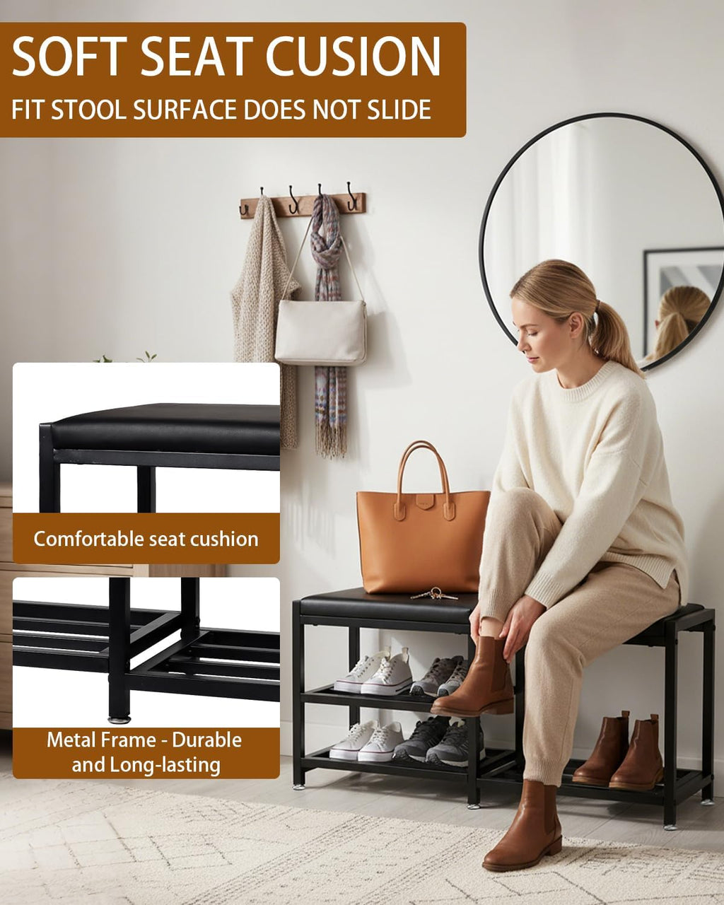 Iron Shoe Rack Storage Bench for Entryway, Holds Up to 560 lb | Space-Saving and Robust, Iron and Foam Padding Shoe Rack for Entryway, Front Door Entrances, Bathroom