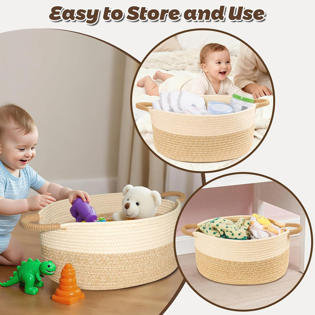 Woven Basket for Toys, Blankets & Gifts Empty ,Cotton Rope Storage Basket with Reinforced Handles for Nursery,Livingroom,Bedroom,Bathroom & Home Decor,21.65" x 12.6" x 8.46" (L)