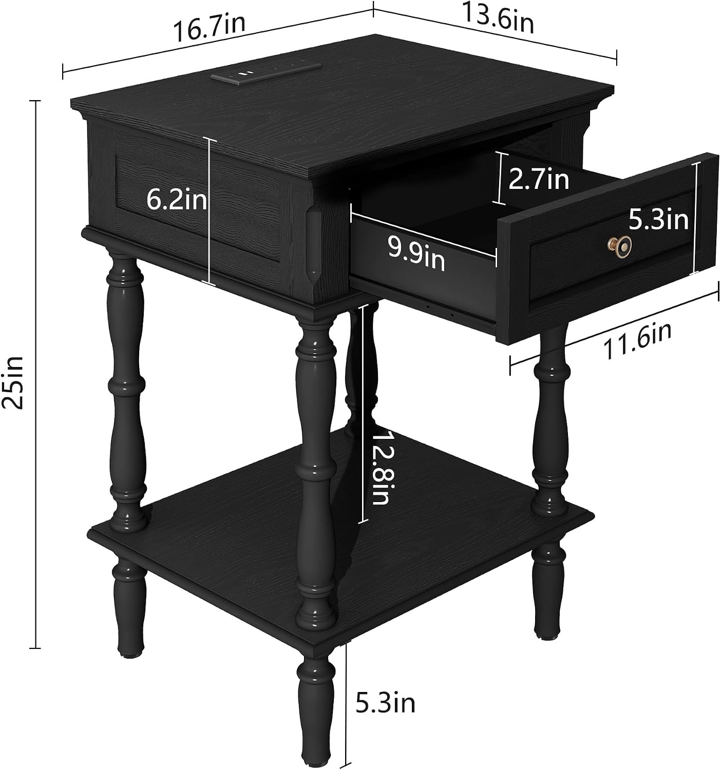 ARTPOWER Nightstands Set of 2 with Charging Station & Storage Shelf, Black | Small Retro Wood Beside Table for Bedroom, Living Room, Tree-Veneer, Minimal Assembly