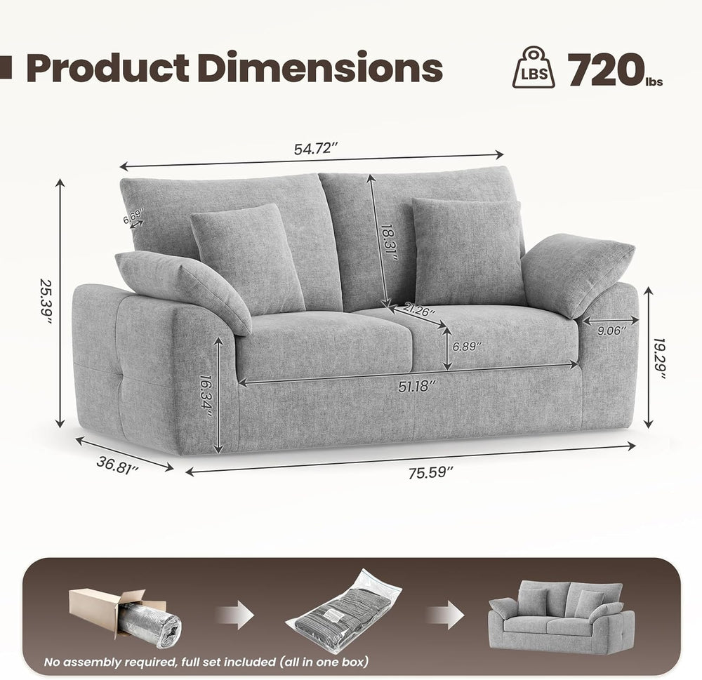 75.6" Cloud Boneless Sofa, Loveseat Couches with 4 Pillows, Modern Livin...