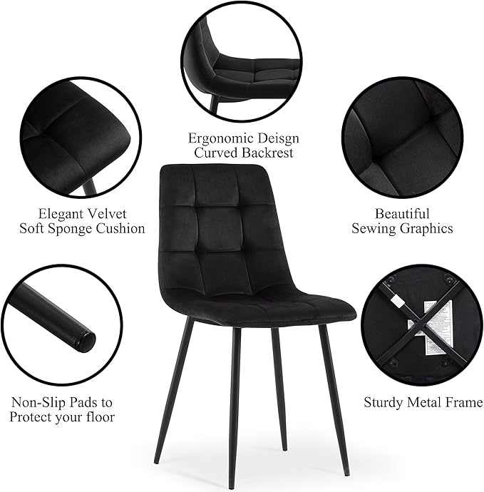 NORDICANA Dining Chairs Set of 2, Upholstered Kitchen Chairs, Black Velvet Side Chairs with Comfortable Cushions & Metal Legs