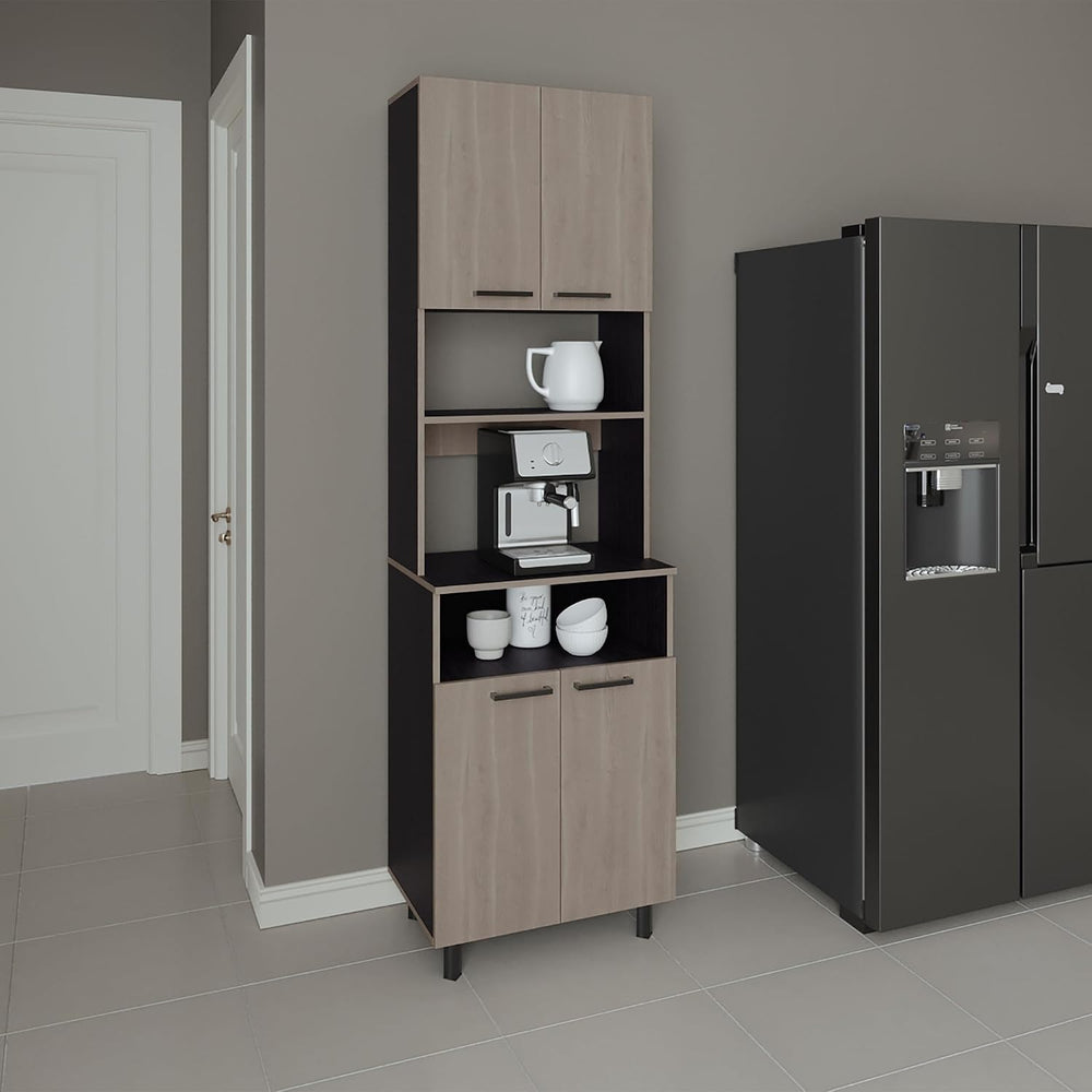 4 Door Kitchen Pantry with 4 Shelves and Legs, White Oak/Black Wengue | 4 doo...