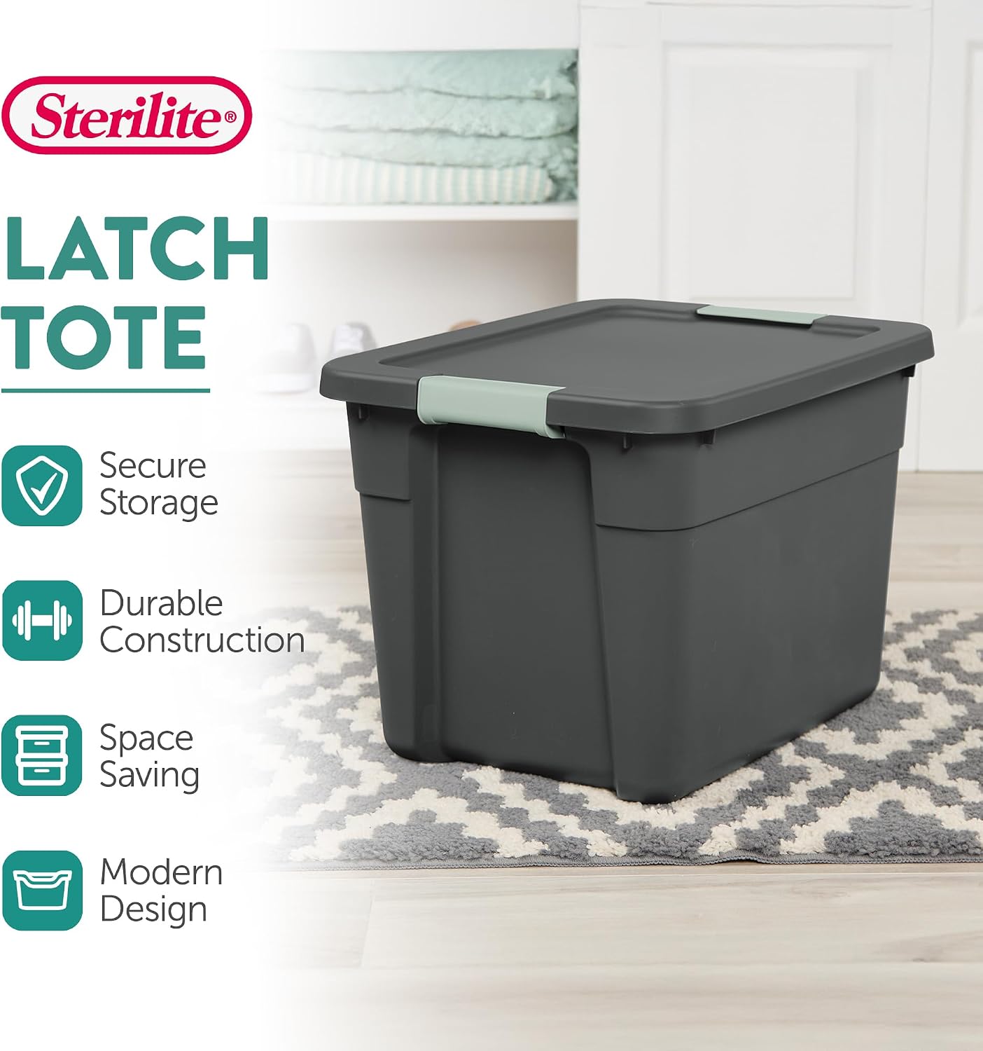 Sterilite Latch Tote Storage with Lids for Home & Office, 12 Gallon, 6-Pack | Heavy-Duty and Stackable Plastic Containers with Latches for Closet, Cabinet, Bedroom, Bathroom and Dorm Room Organization