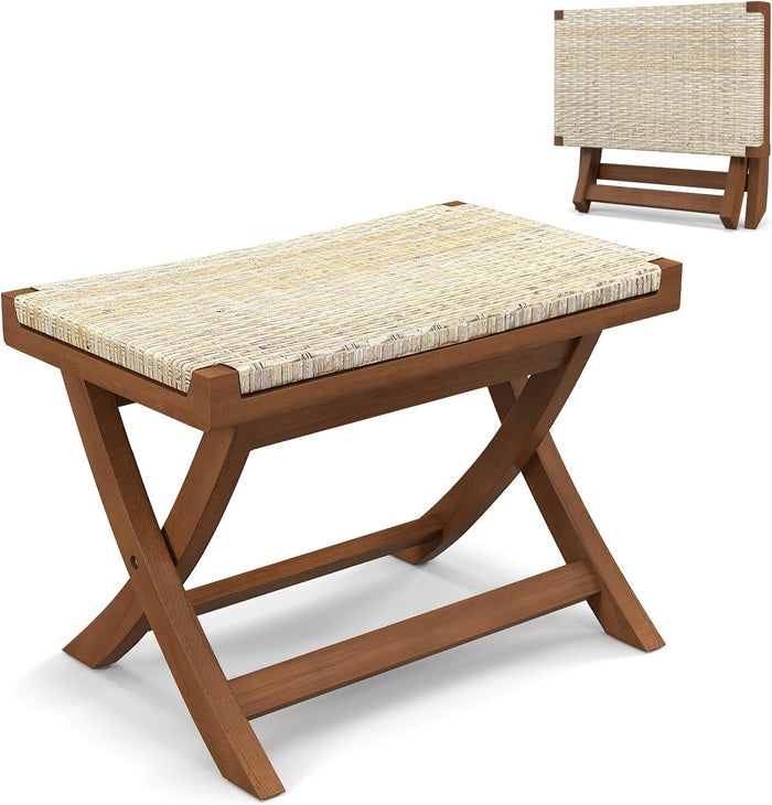 Tangkula Folding Natural Rattan Ottoman, Saddle Footrest Stool with Hand-Woven Seat & X-Shaped Teak Wood Frame, 16.5”H Vanity Accent Stool for Living Room Bedroom Entryway (1)
