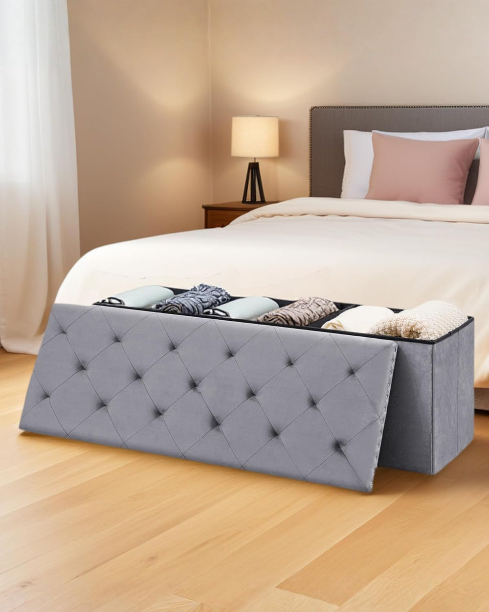 Velvet Storage Ottoman Bench, 43.3" Upholstered Tufted Ottoman with Stor...