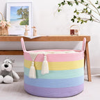67L Large Rainbow Blanket Basket, Cotton Rope Baby Laundry Hamper with Handles, Kids Toy Basket for Classroom & Nursery, Soft Round Stuffed Animal Storage, Dog Toy Bin - 20"x13", Light Rainbow