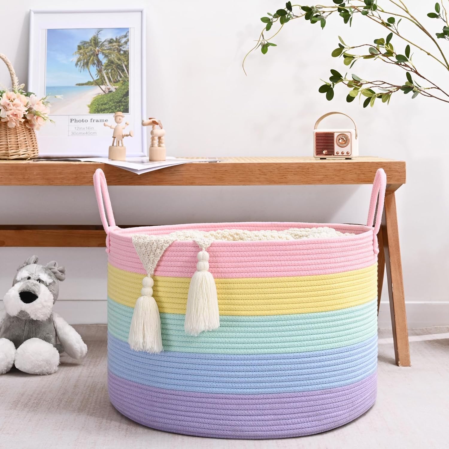 67L Large Rainbow Blanket Basket, Cotton Rope Baby Laundry Hamper with Handles, Kids Toy Basket for Classroom & Nursery, Soft Round Stuffed Animal Storage, Dog Toy Bin - 20"x13", Light Rainbow