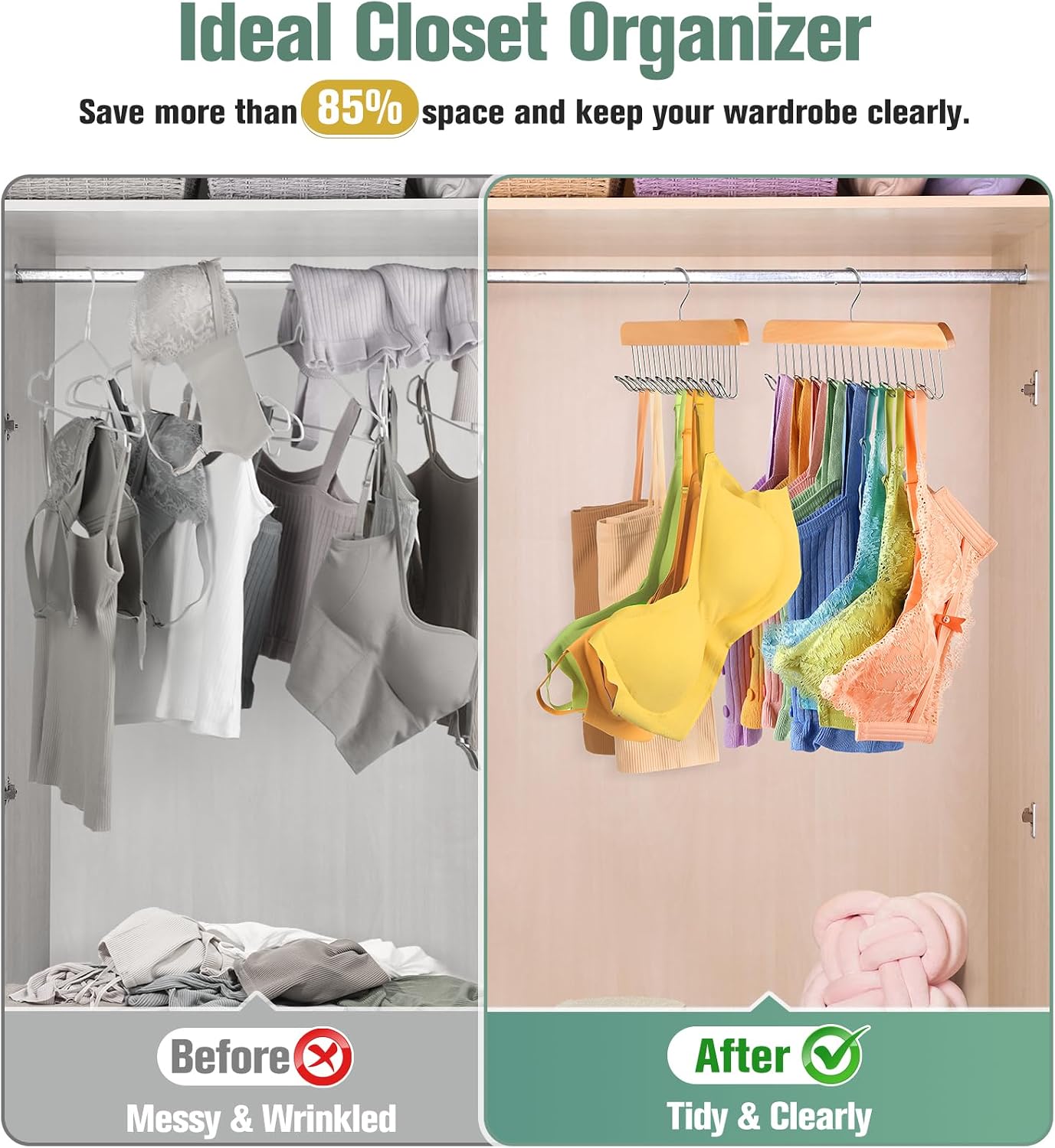 2 Pack Bra Hangers for Closet Organizer Upgraded Non-Slip Bra Organizer for Closet Tank Top Hanger Multi Hangers Space Saving with 20 Hooks for Belt, Tie, Tank Top, Necklaces