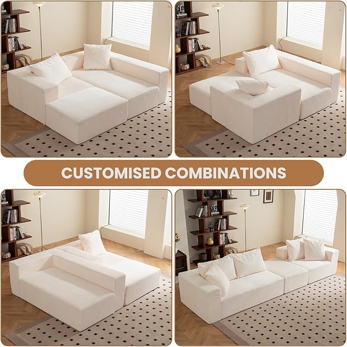 108" L-Shaped Boneless Couch, Modular Sectional Sofa with Moveable Ottoman, Corduroy Cloud Couches for Living Room, No Assembly, Ship in a Box, Beige