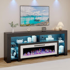 LEMBERI 80 inch Fireplace tv Stand with 50 inch White Fireplace Up to 90" TVs,LED Light Entertainment Center and Storage, Modern Wood Media TV Console for Living Room