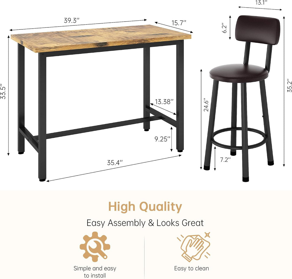 3 Piece Bar Table and Chairs Set for 2, Counter Height Rectangular Pub Dining...