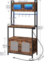 HOOBRO Bakers Rack with Storage Cabinet, 5-Tier Coffee Bar with Power Outlet and LED Lights, Industrial Microwave Oven Stand with Shelves, Kitchen Storage Shelf, Rustic Brown and Black BF13UDHB01