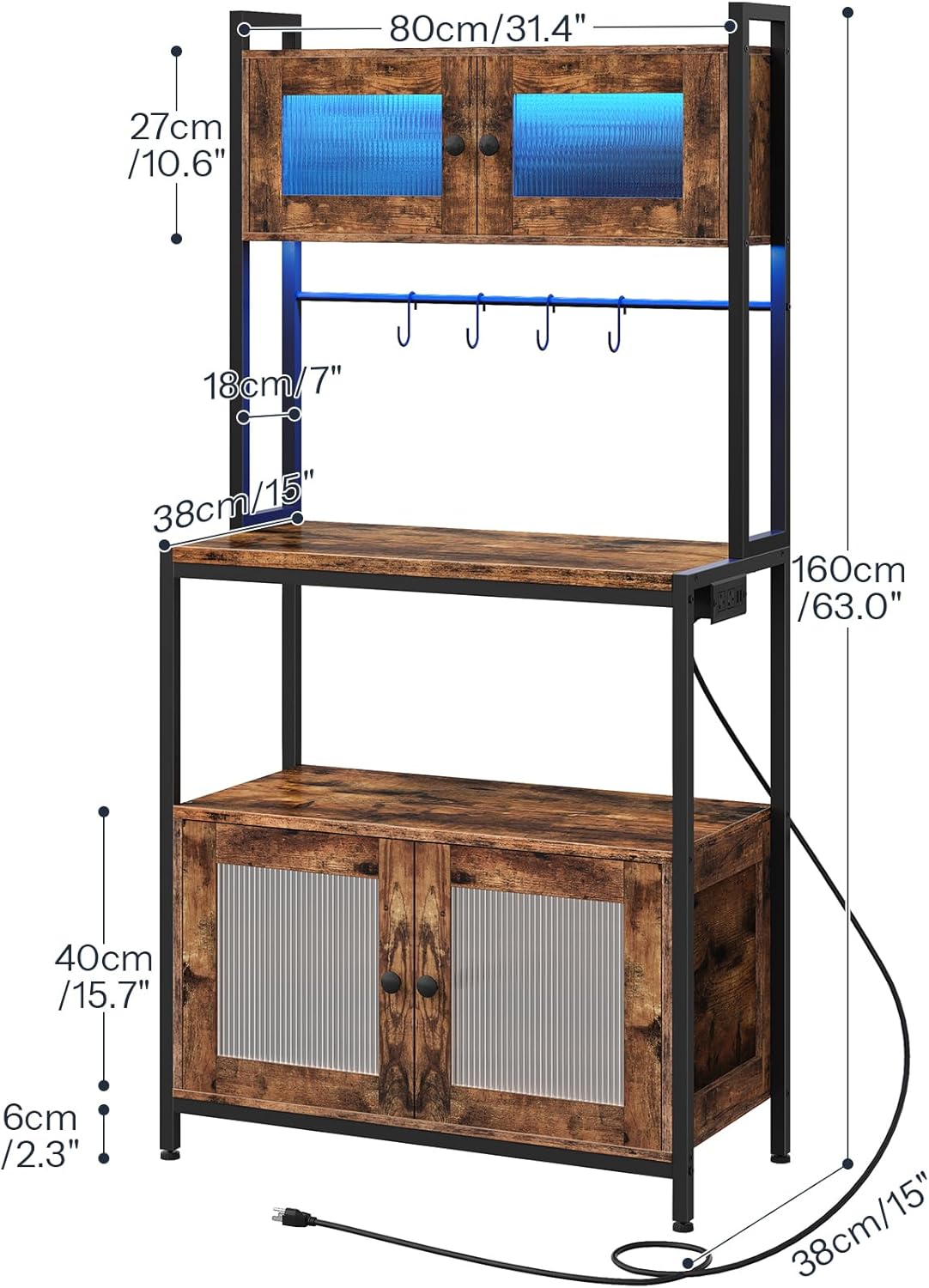 HOOBRO Bakers Rack with Storage Cabinet, 5-Tier Coffee Bar with Power Outlet and LED Lights, Industrial Microwave Oven Stand with Shelves, Kitchen Storage Shelf, Rustic Brown and Black BF13UDHB01