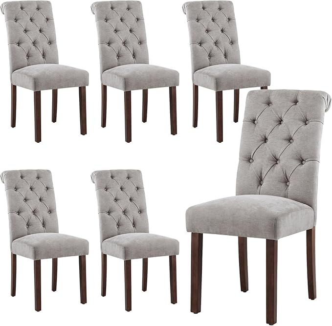Tufted Dining Chairs Set of 6, Upholstered Parsons Dining Room Chairs, Fabric Kitchen Side Chair with Wood Legs, Light Grey