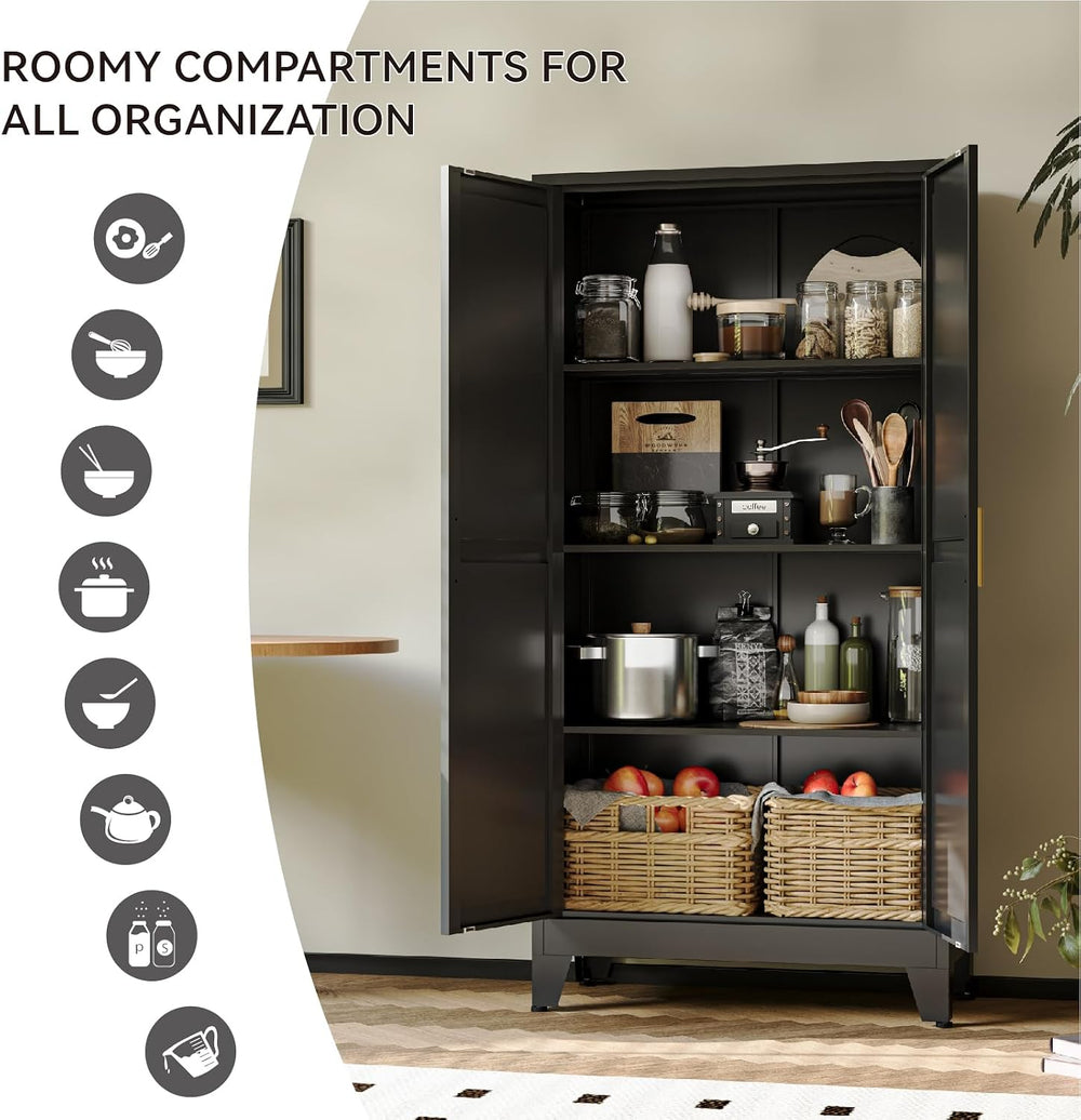 COFaR 61" Metal Pantry Cabinet in Black, Modern Storage Cabinet with Adj...