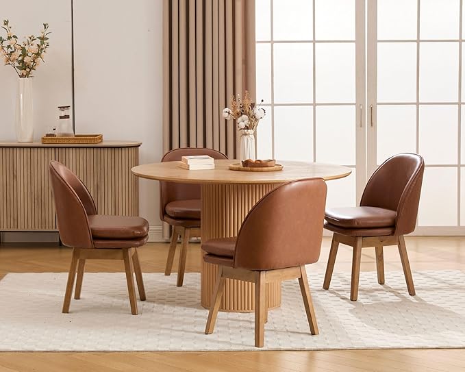 Wahson Upholstered Dining Chairs Set of 2, Modern Faux Leather Dining Room Chairs with Solid Wood Legs & Double-Padded Seat, Swivel Accent Desk Chair for Kitchen Dining Room Restaurant - Brown