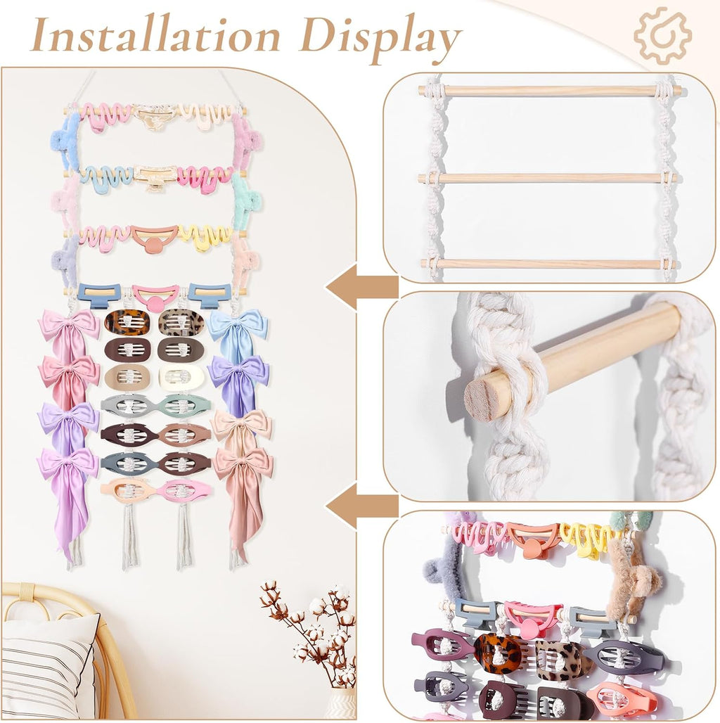 SNOWSTAR Macrame Flat Hair Claw Clip Holder Organizer,Large Capacity Hanging Hair Clip Holder and Storage for Women Girls,Flat Claw Clips Storage Hanger Home Decor for Wall,Door,Closet