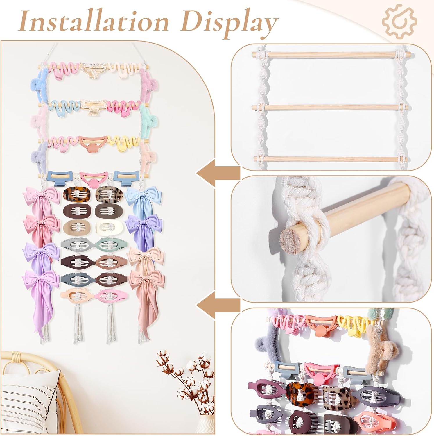 SNOWSTAR Macrame Flat Hair Claw Clip Holder Organizer,Large Capacity Hanging Hair Clip Holder and Storage for Women Girls,Flat Claw Clips Storage Hanger Home Decor for Wall,Door,Closet