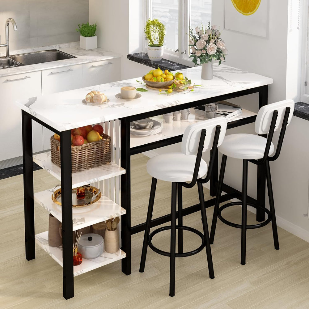 AWQM 3-Piece Bar Table and Chairs Set, Modern White Faux Marble Table with 2 ...