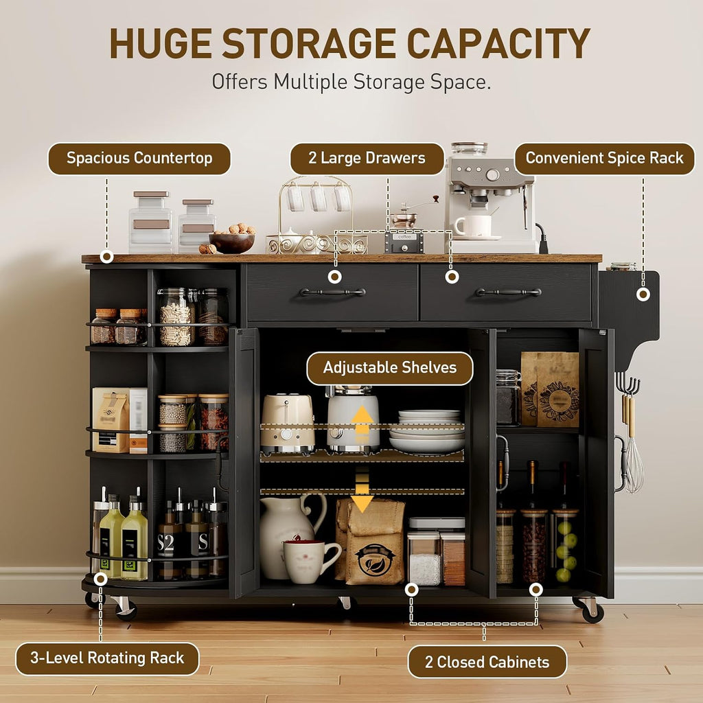 RALGEND Kitchen Island with Power Outlet & Drop Leaf, Kitchen Rolling Island with Rotating Organizer, Kitchen Island Cart with Storage Cabinet, Mobile Island Table for Kitchen, Black and Rustic Brown