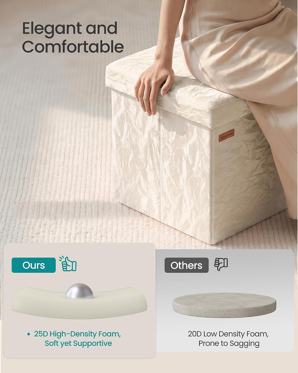 SONGMICS Storage Ottoman, Textured PU Leather Footstool, Foldable Footrest with Cushion, for Living Room and Bedroom, 15 x 15 x 15 Inch, White, Minota Collection ULSF522WD01