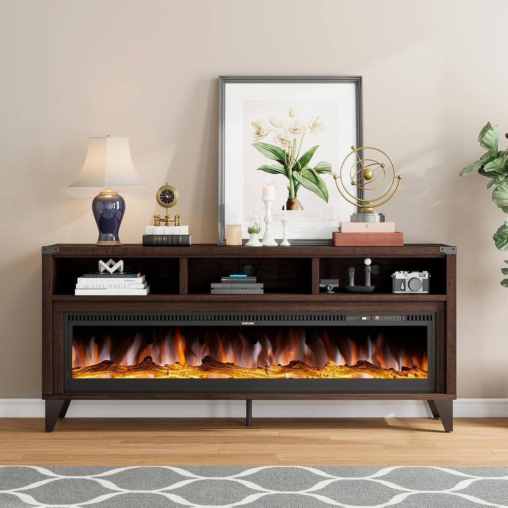 LUXOAK 65" Farmhouse TV Stand with 60" Electric Fireplace for TVs u...