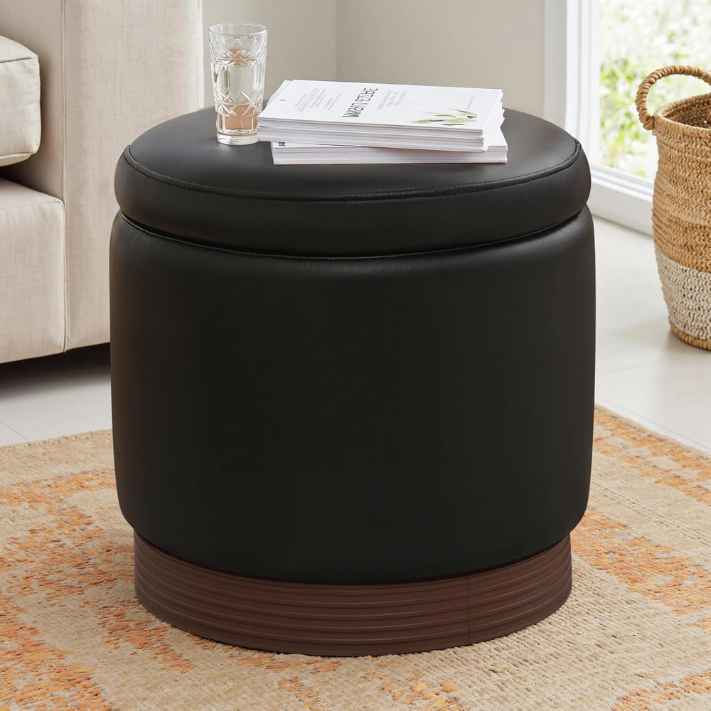 19" Round Swivel Storage Ottoman with Tray Top, Upholstered Faux Leather...