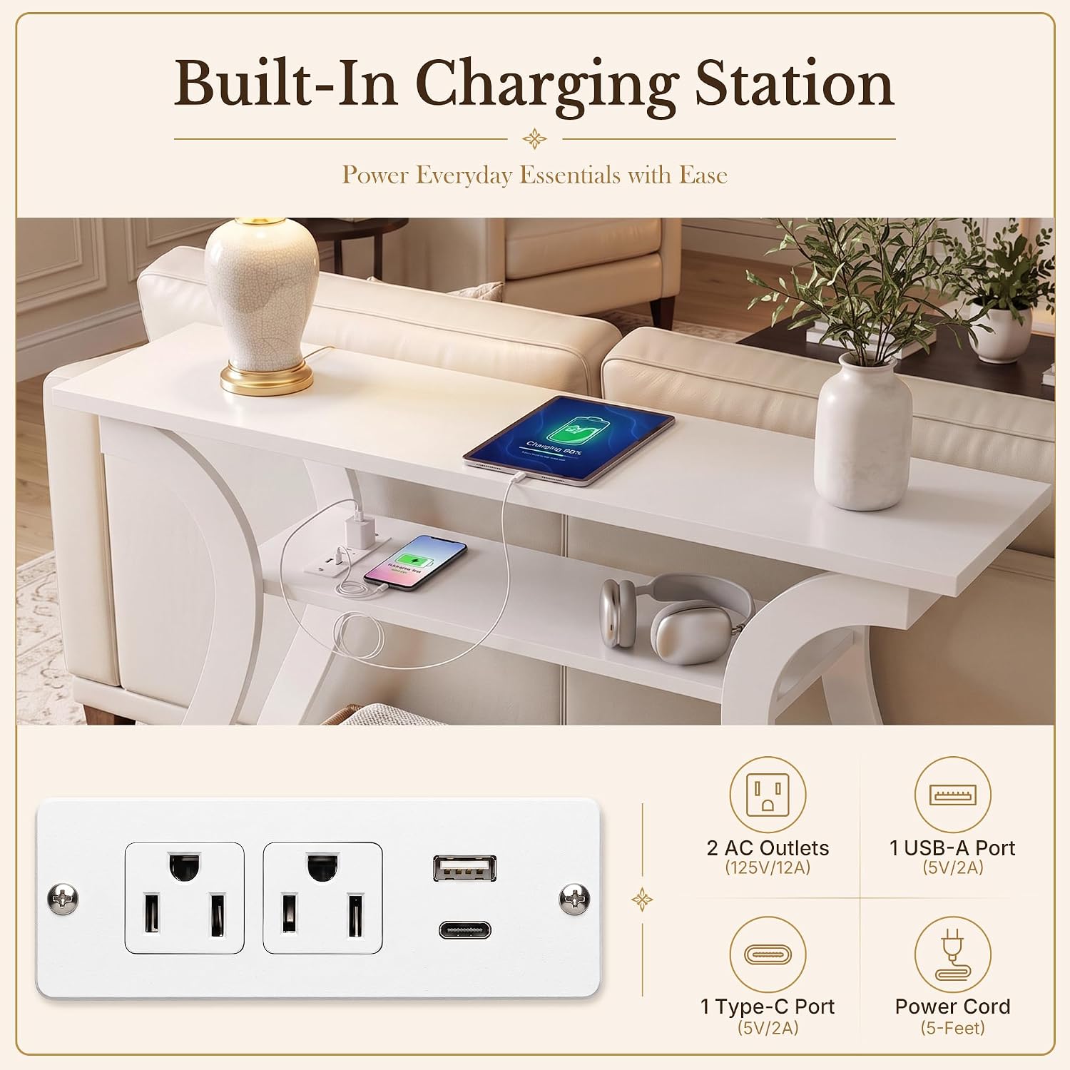 SUPER DEAL 47 in Wood Console Table with Charging Station, 3 Tier Narrow Entryway Table with Curved Frame and 2 Open Storage Shelves Accent Sofa Table for Hallway Living Room Bedroom, White