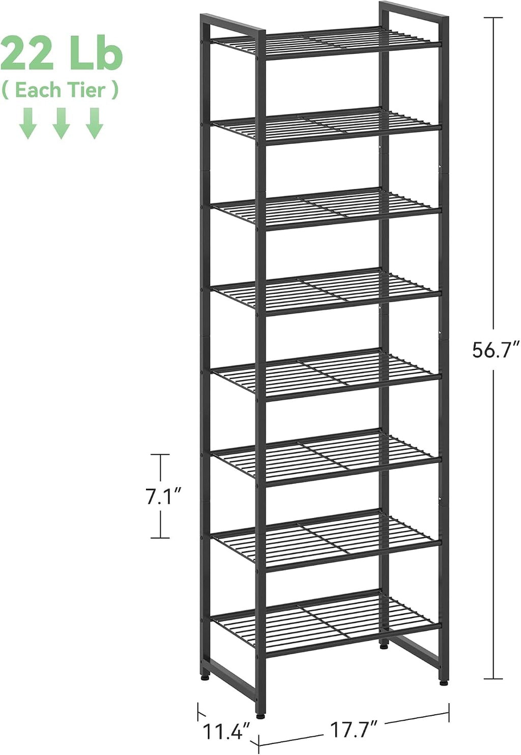 Nunsino Narrow Shoe Rack, 8-Tier Metal Shoe Organizer,Tall Shoe Shelf with Anti-Tip Strap, Max Holds 18 Pairs,Space Saving for Closet,Entryway,Black