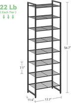 Nunsino Narrow Shoe Rack, 8-Tier Metal Shoe Organizer,Tall Shoe Shelf with Anti-Tip Strap, Max Holds 18 Pairs,Space Saving for Closet,Entryway,Black