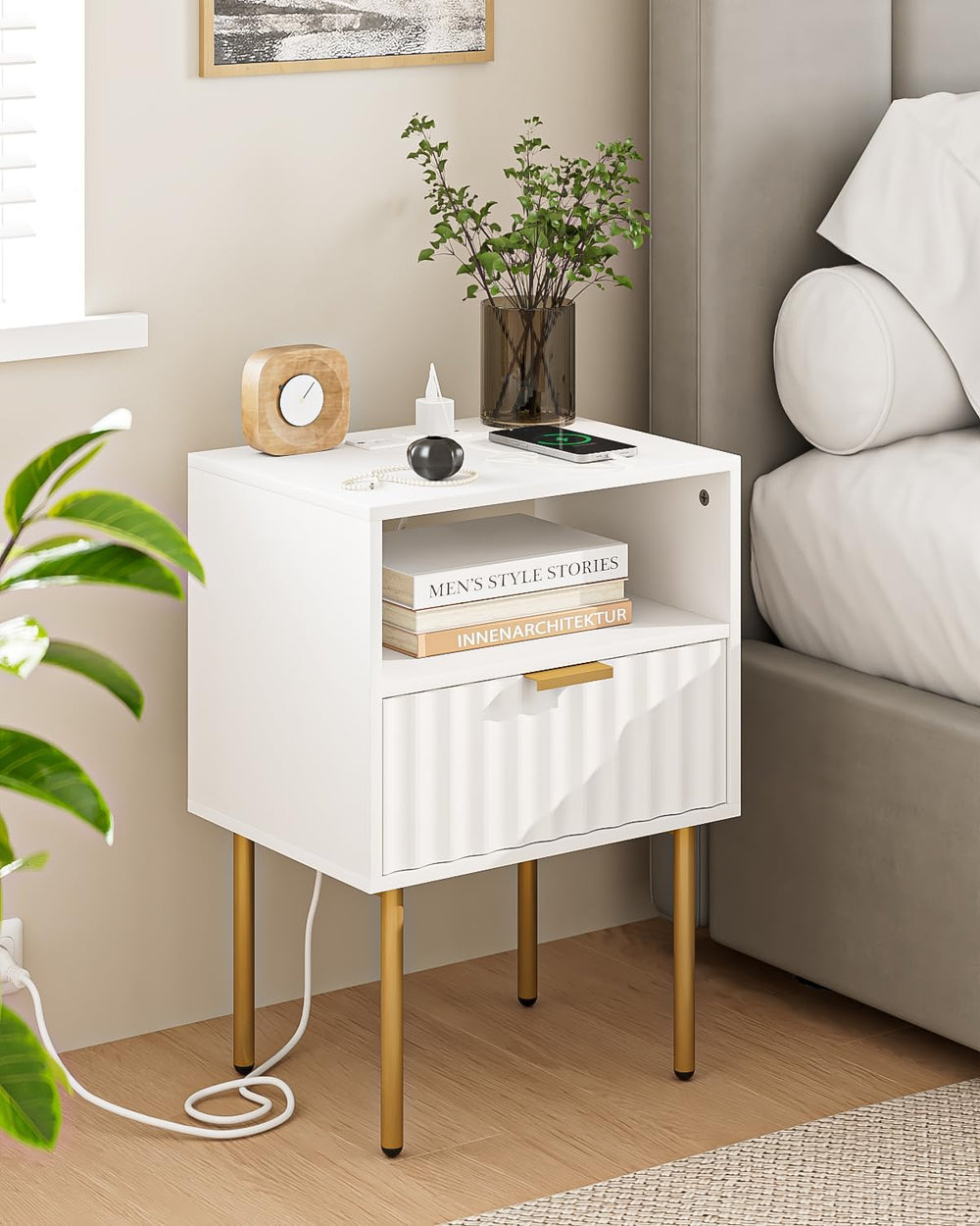 Masupu Nightstand with Charging Station,Mid-Century Modern Bedside Table with...