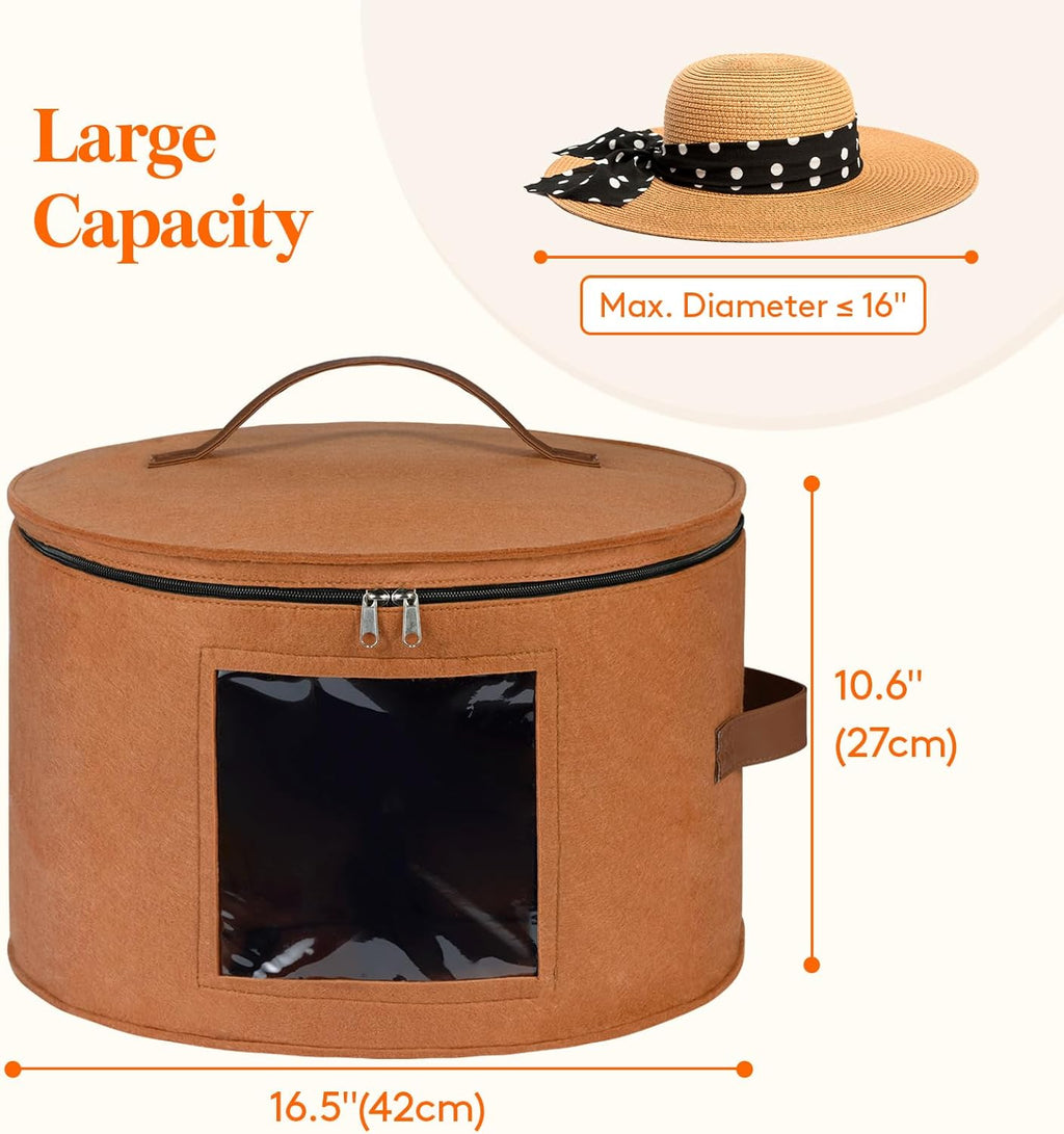 Lifewit Round Cowboy Hat Box for 7 Caps, Large Felt Hat Organizer Bag for Men & Women Storage, Baseball Cap Container with Dustproof Lid for Travel, Foldable 16.5" D x 10.6" H Carrier, 2 Pack, Brown