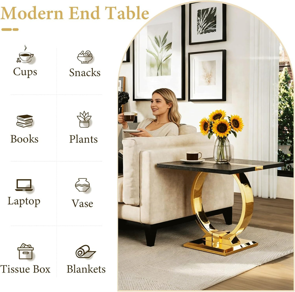 Asday 23” Wooden End Table Set of 2, Modern Luxury Square Side Table with Metal U Base for Living Room Bedroom Office, Black and Gold Nightstand Bedside Table Small Accent End Table