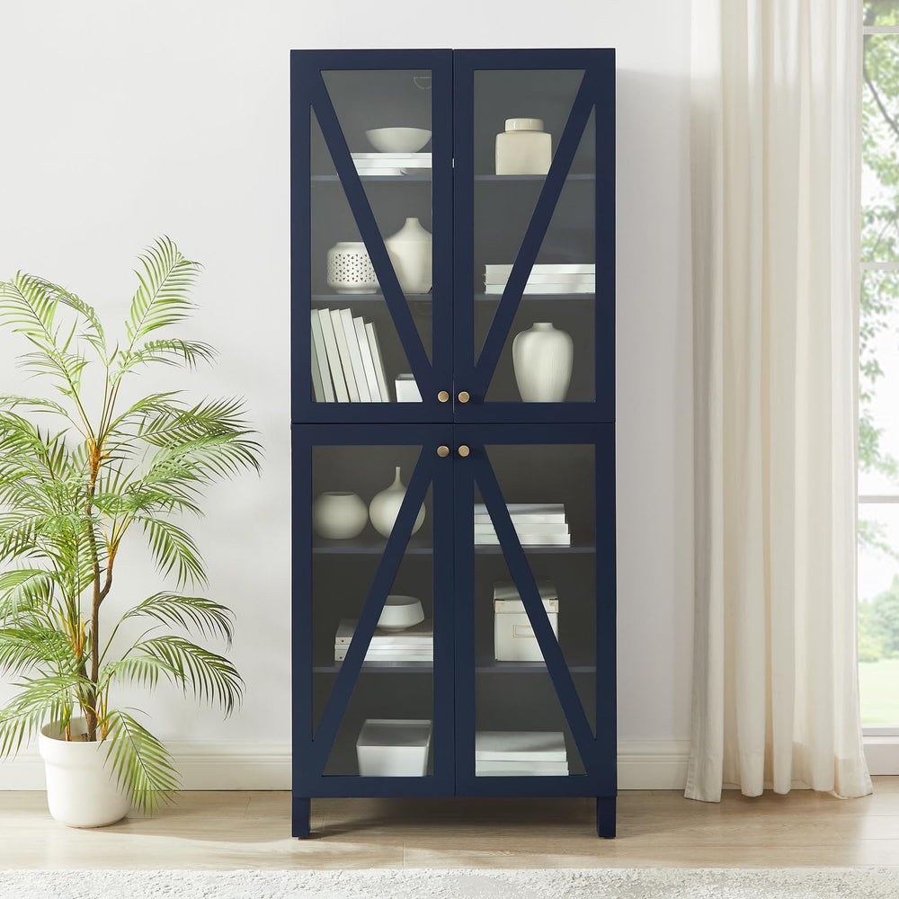 Maykoosh Tall Kitchen Pantry - Stackable Storage Cabinet with Glass Doors, Navy